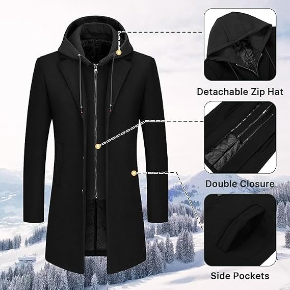 Men’s Wool Blend Coat with Detachable Hood