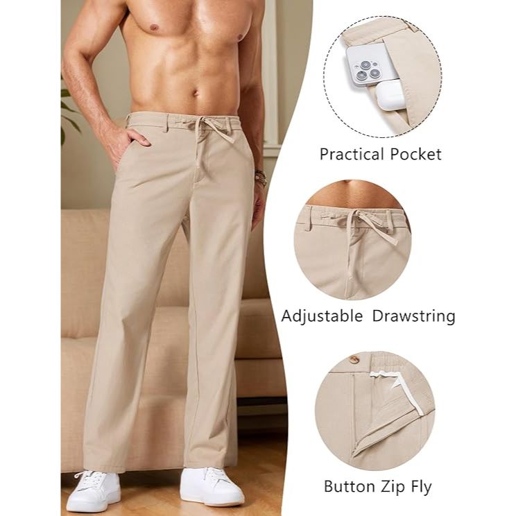 Men’s Cotton Linen Elastic Waist Casual Pants