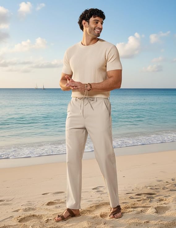 Men’s Cotton Linen Elastic Waist Casual Pants